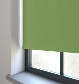 A green roller blind in a living room window 