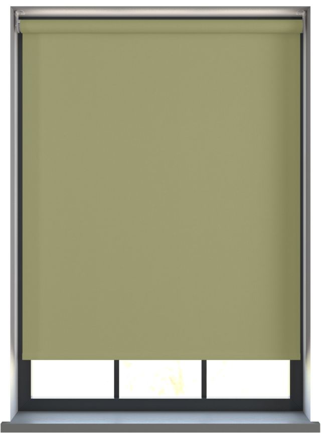 Our Amor Dried Sage Roller blind in a living room window.