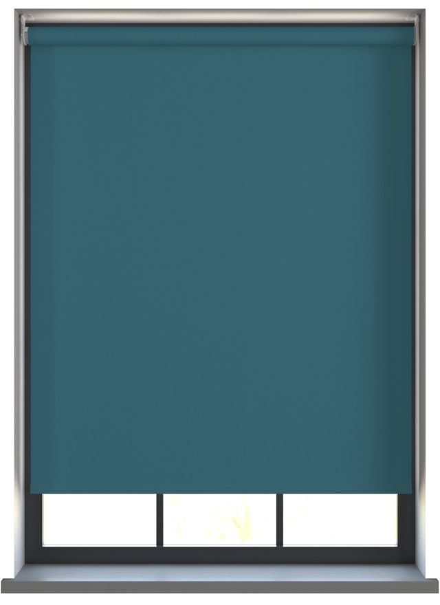 Our Amor Ocean Green Roller blind in a living room window.