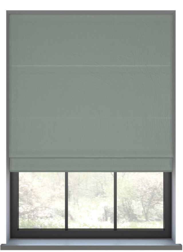 Our Prestige Silk Delicate Teal Roman blind in a living room window