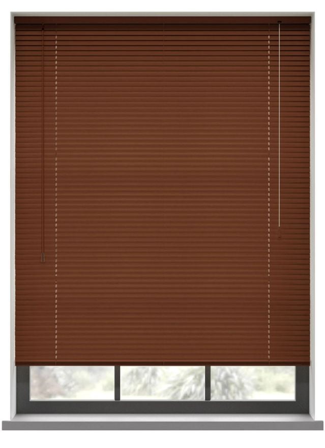 A brown aluminium venetian blind in a window 