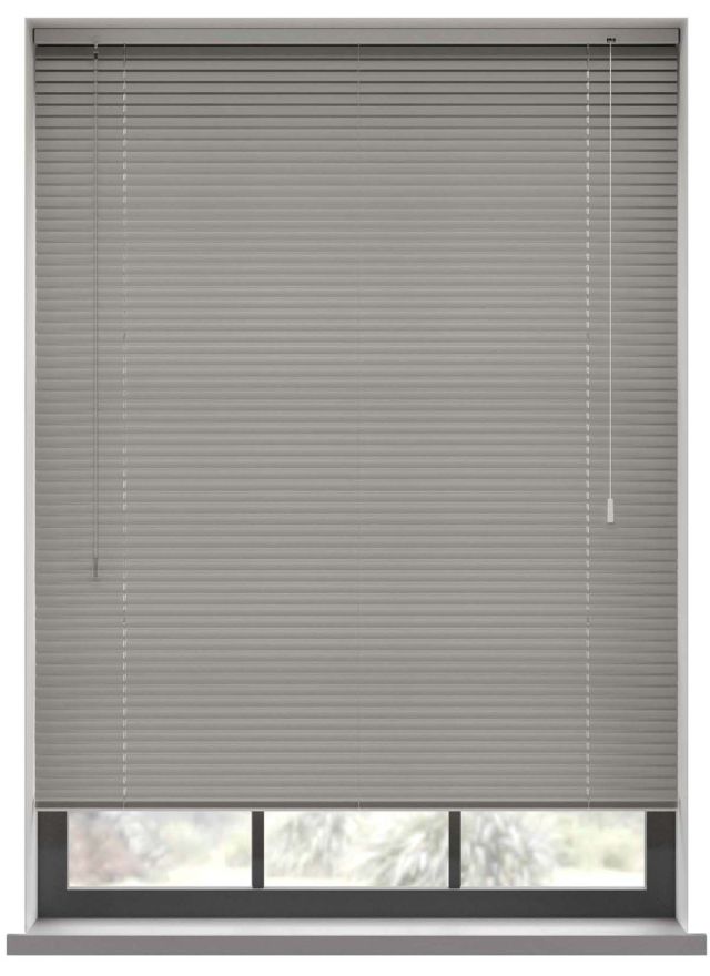 A grey aluminium blind in a bathroom window