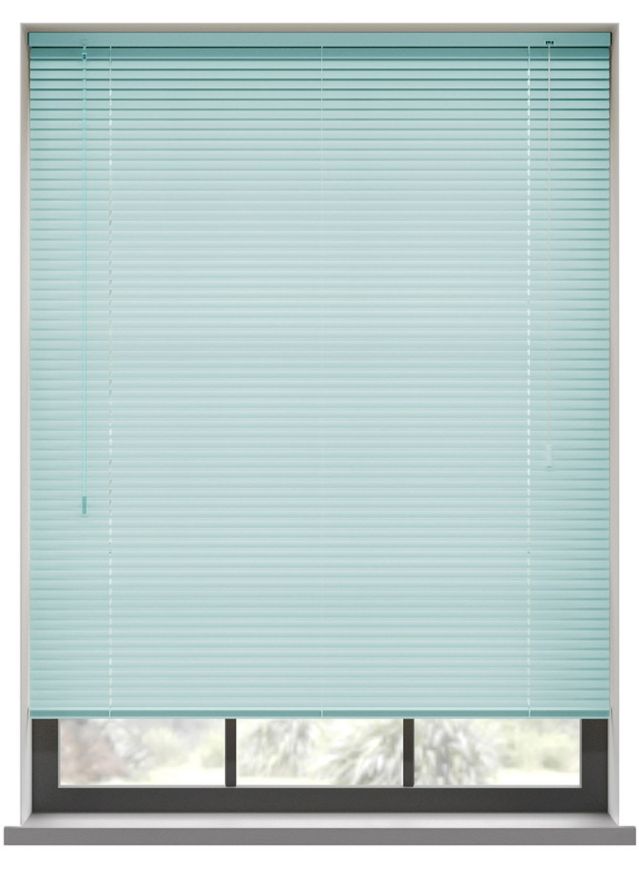 A baby blue aluminium venetian blind in the window