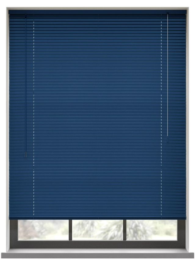 A darker blue coloured aluminium venetian blind in a bathroom window 