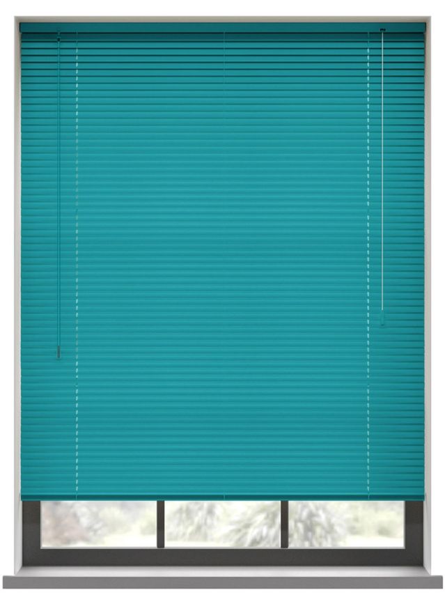 A tropical blue coloured aluminium venetian blind in a bathroom window 