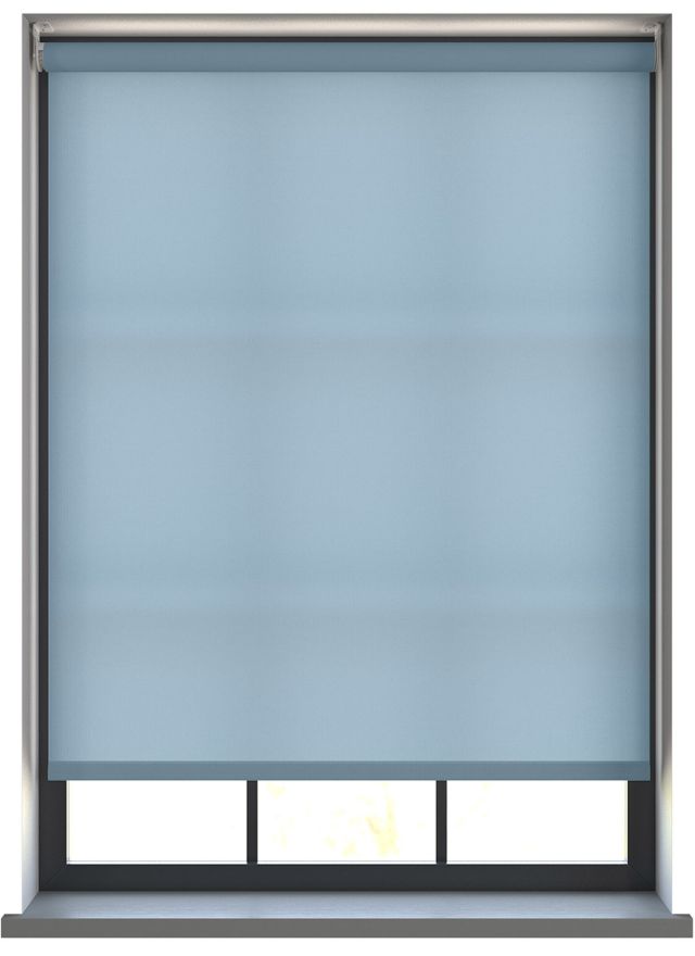 Our Burst Sky Blue dimout Roller blind in a living room window.