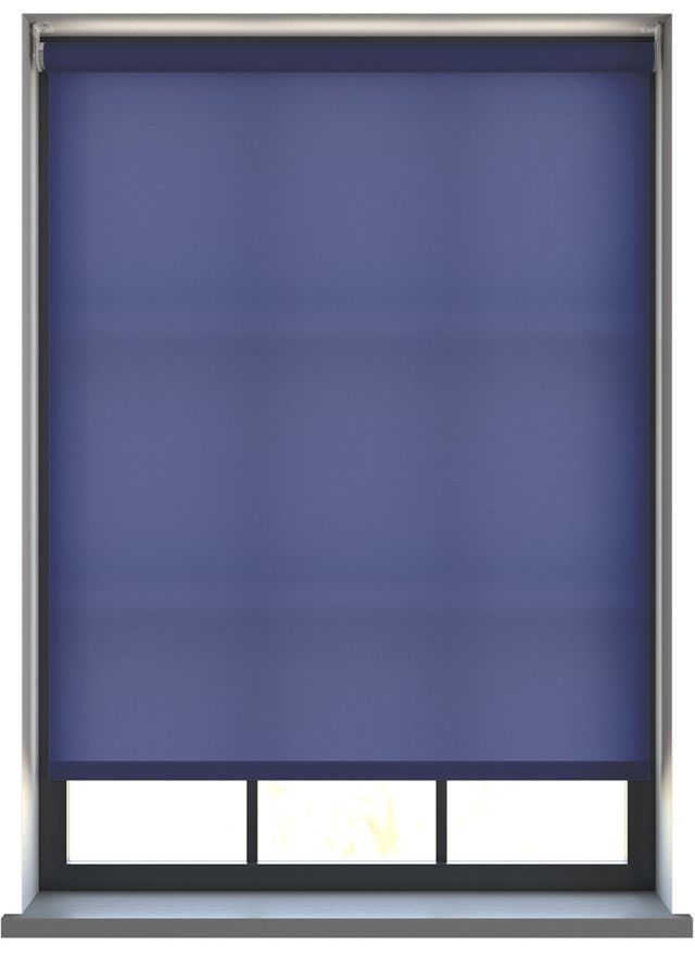 Our Burst Navy Blue dimout roller blind in the living room.
