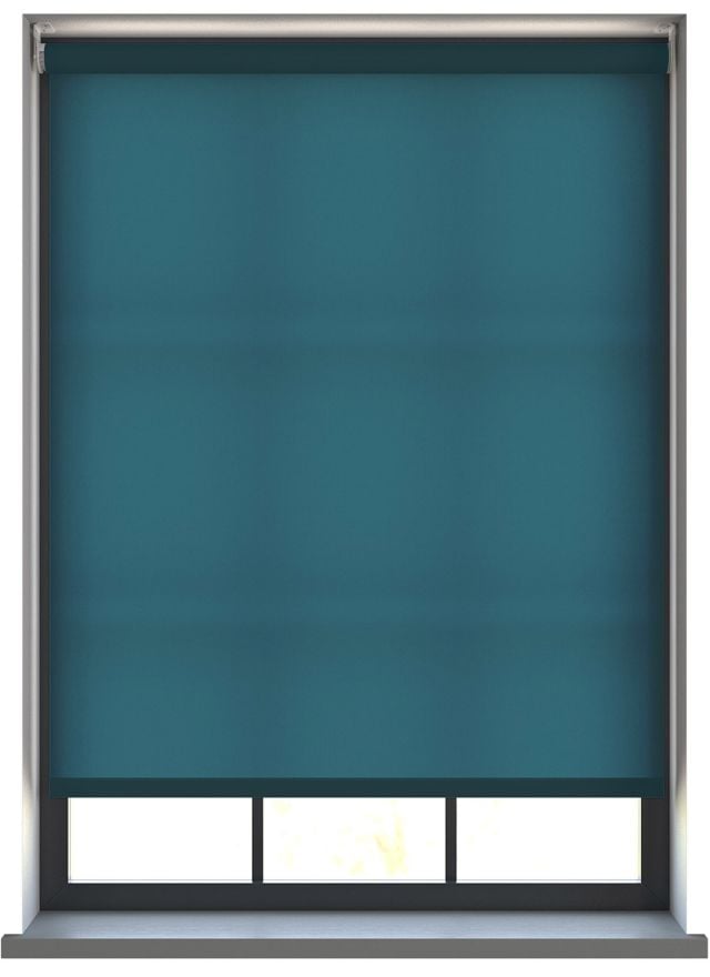 Our Burst Ocean Grean dimout roller blind in a living room window.