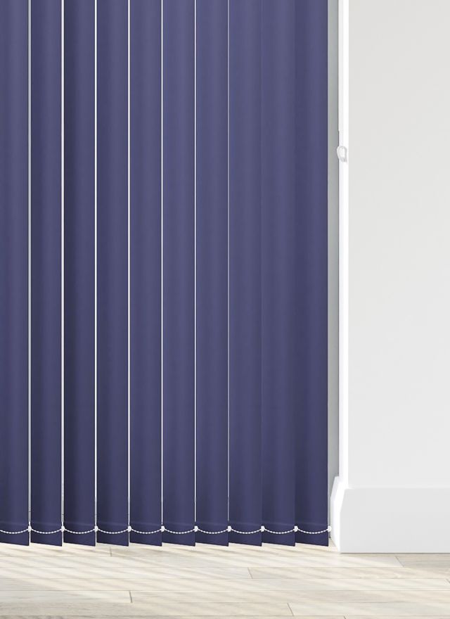A rich blue coloured vertical blind in a bathroom