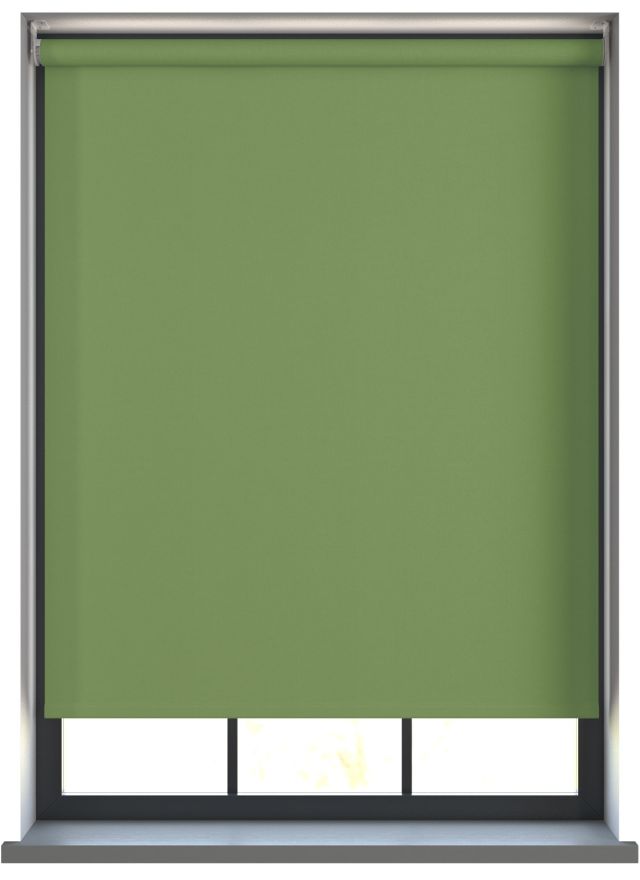A green roller blind in a living room window 