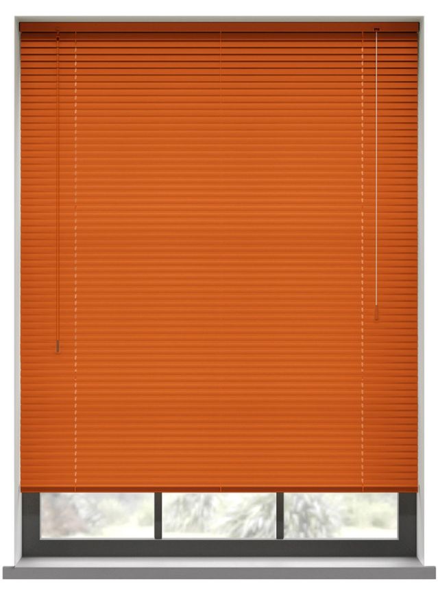 A vibrant orange aluminium blind in a kitchen window