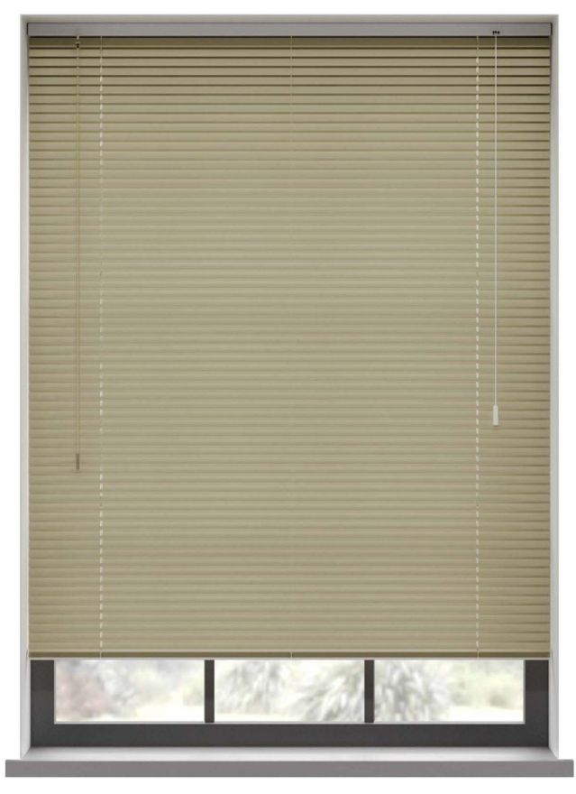 A sand coloured aluminium blind in a kitchen window