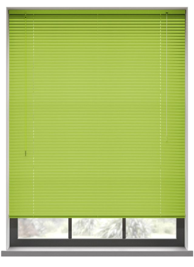 A green coloured aluminium venetian blind in a bathroom window 