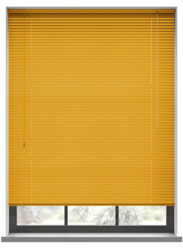 A bright yellow coloured aluminium venetian blind in a kitchen window