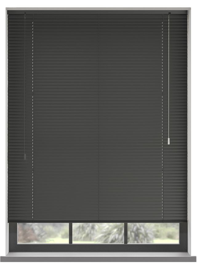 A dark aluminium blind in a window