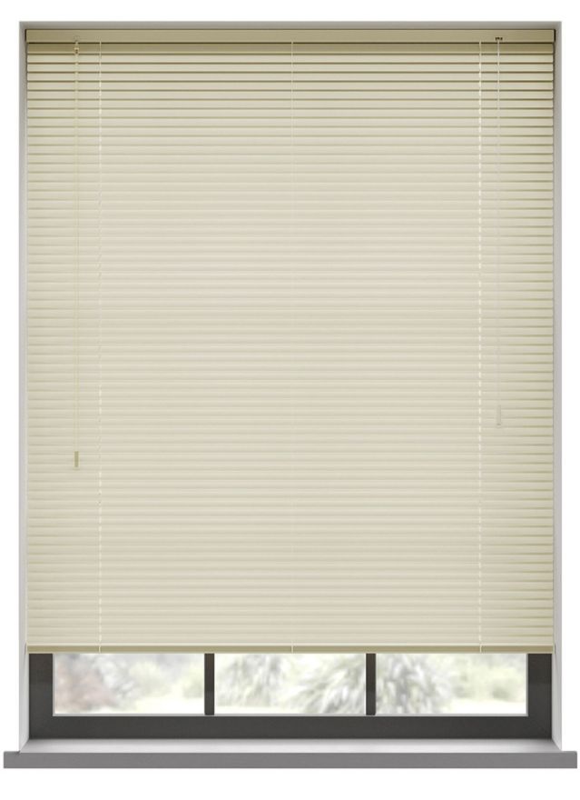 A cream coloured aluminium venetian blind in a kitchen window