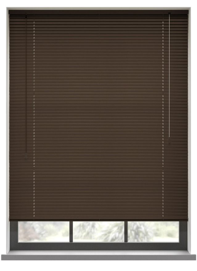 A dark brown aluminium venetian blind in a window 