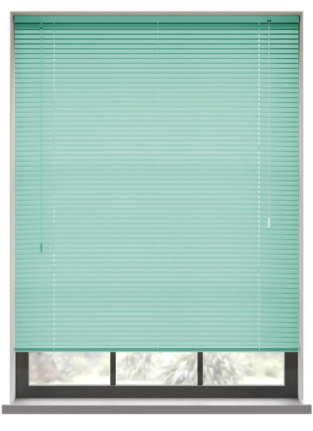 A soft blue aluminium venetian blind in the window