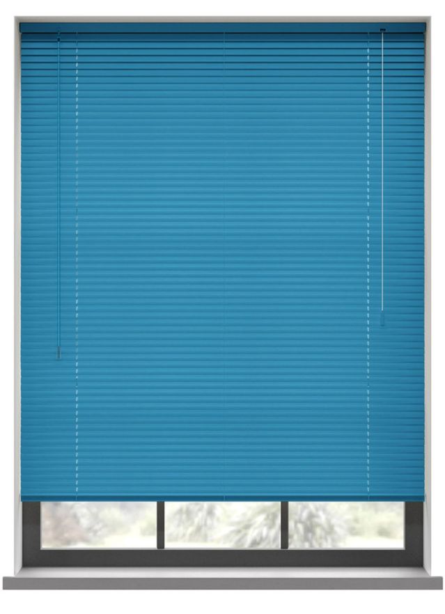 A blue coloured aluminium venetian blind in a bathroom window 