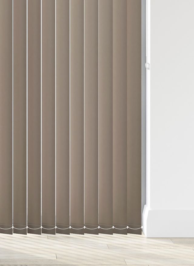 A brown vertical blind in a bathroom