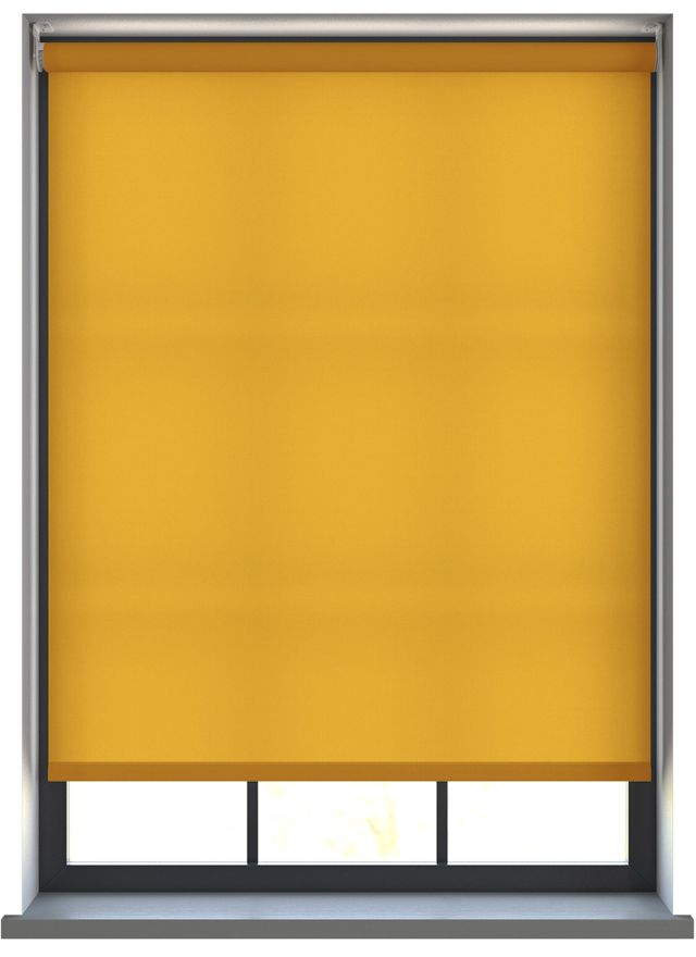 A yellow dimout roller blind in a window
