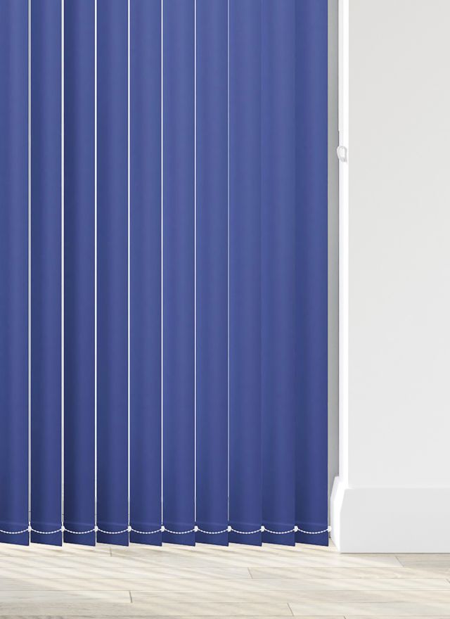 A blue vertical blind in a bathroom
