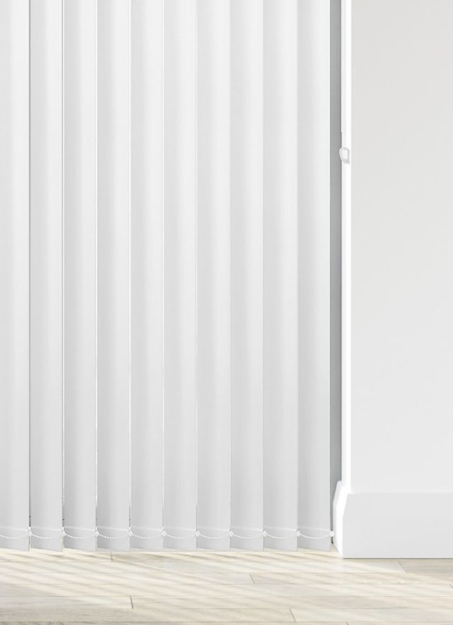 A white vertical blind in a bathroom window